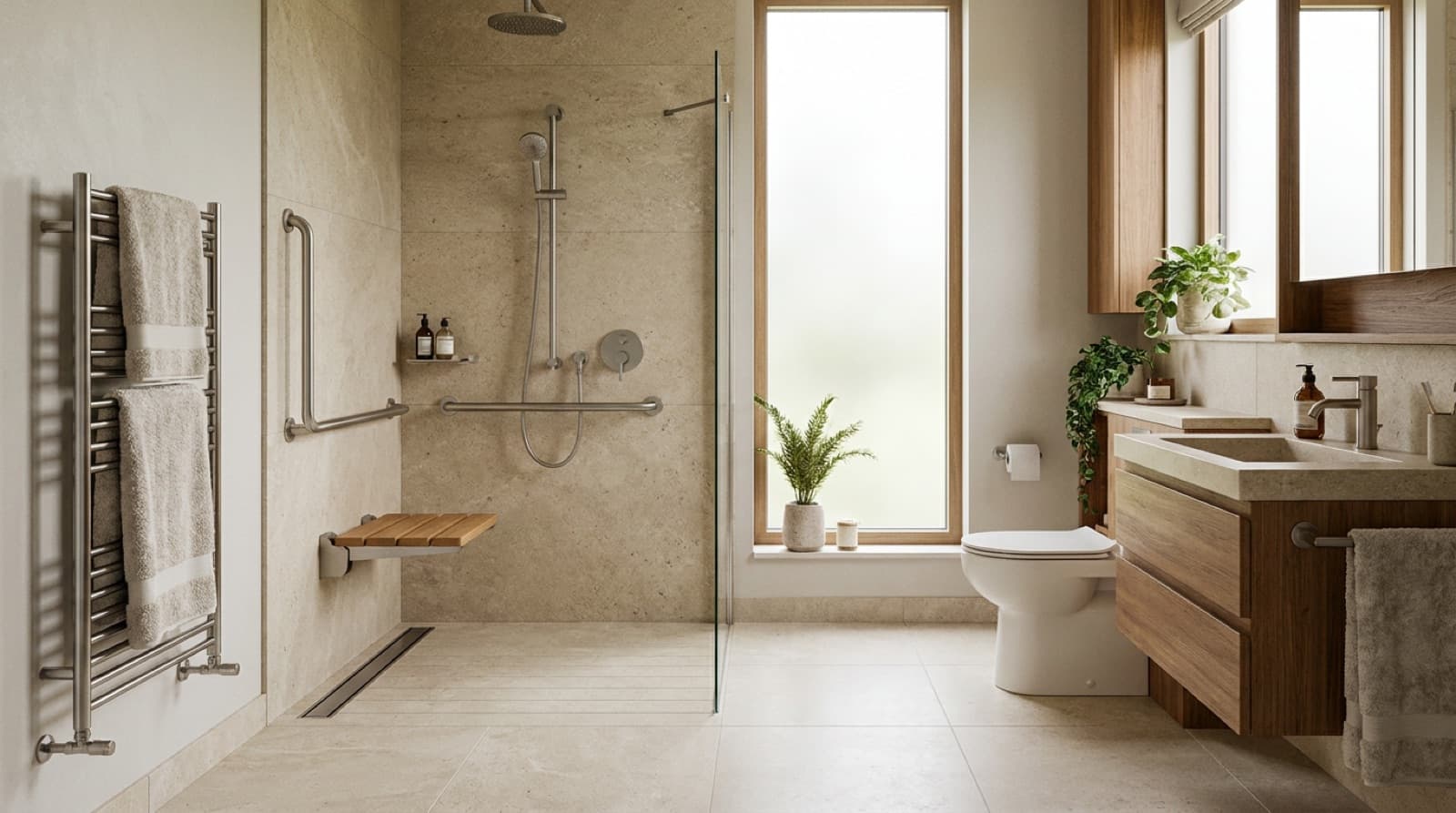 An illustrative accessible bathroom with a level-access shower, grab rails, a seat and slip-resistant flooring