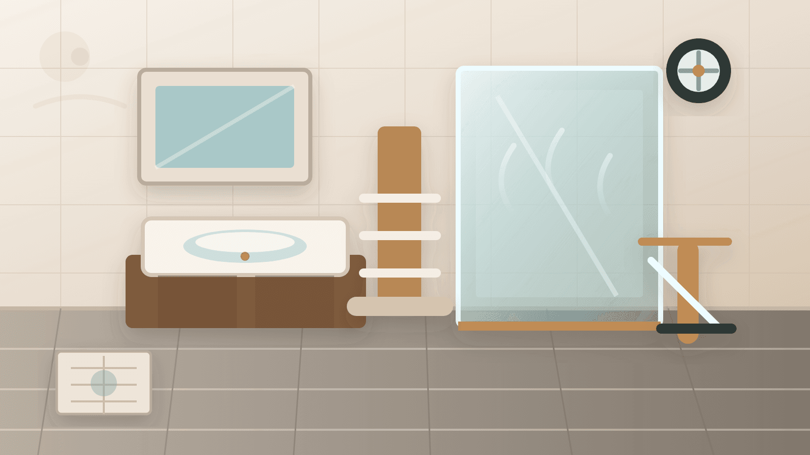 An illustration of a bathroom with a walk-in shower, vanity, extractor fan, towel rail and aftercare details