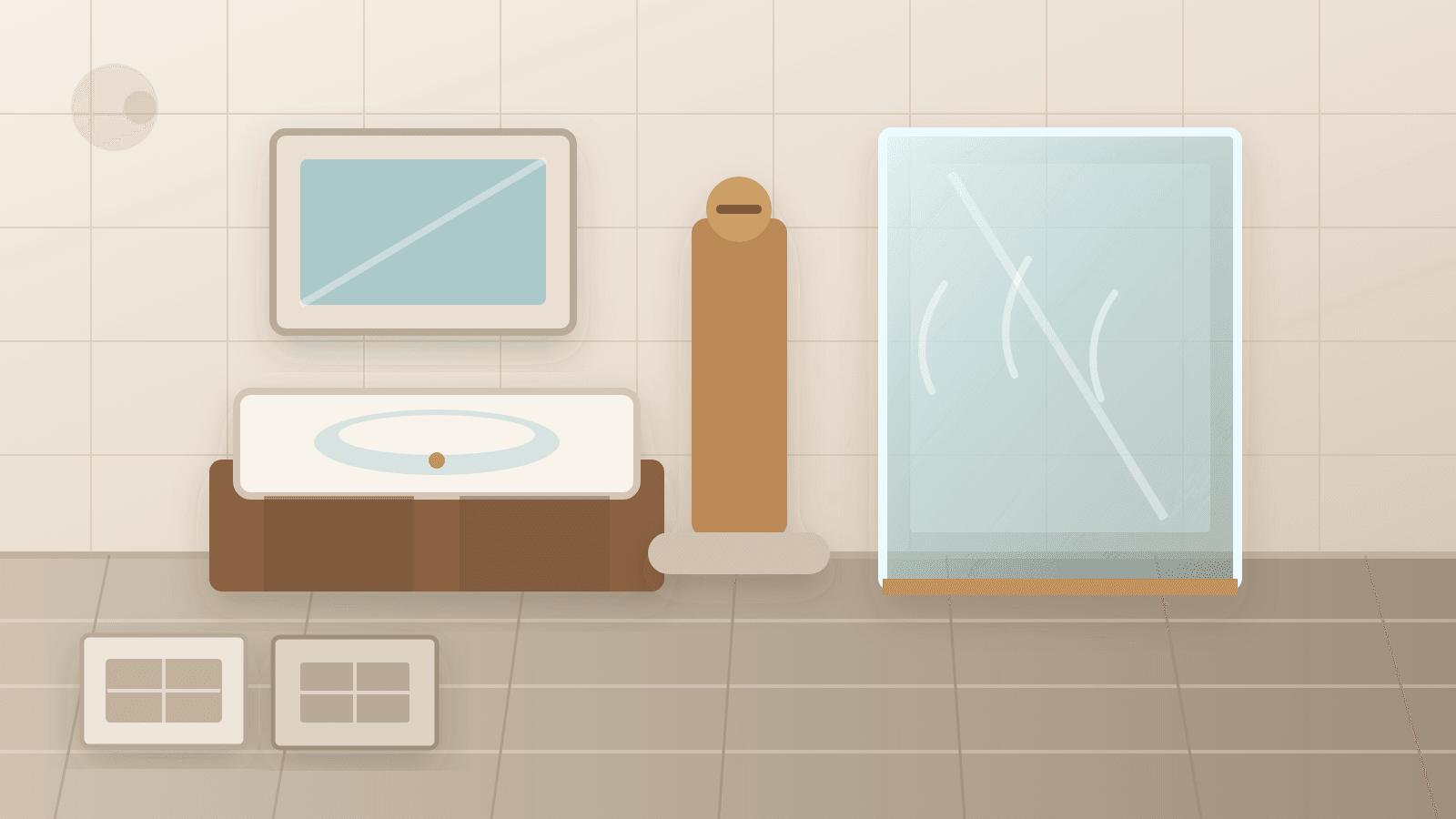 An illustration of a tiled bathroom with a walk-in shower, warm floor tiles, brass fittings and coastal light