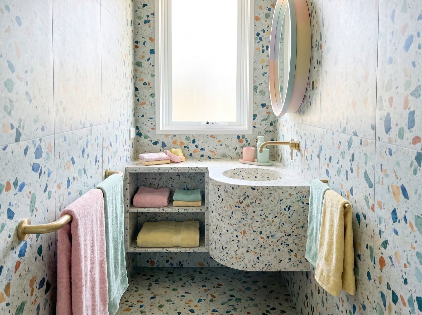 A bathroom with a speckled terrazzo-tiled floor and brass fittings — the kind of tiled finish that pairs perfectly with electric underfloor heating.