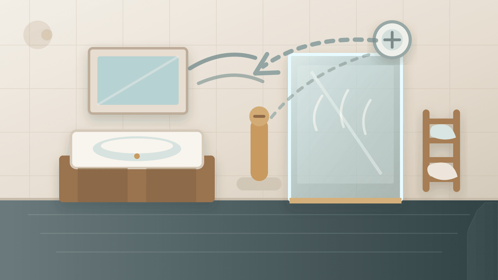 An illustration of a warm bathroom with an extractor fan, open shower area and clear airflow path