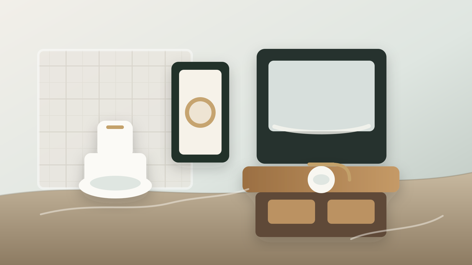 An illustration of a compact cloakroom toilet with wall tiles, a small vanity and warm wood storage