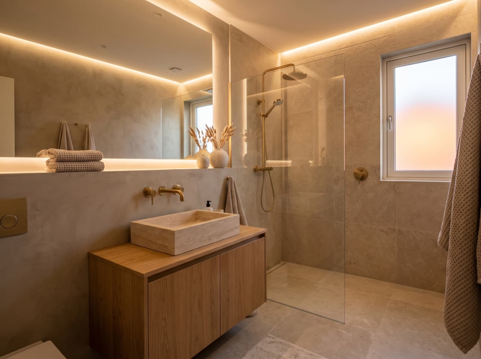 An illustrative compact ensuite with greige micro-cement walls, an oak vanity and brass fittings.