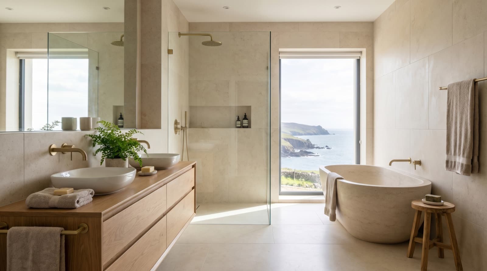 An illustrative modern family bathroom with an oak vanity, walk-in shower and freestanding bath.