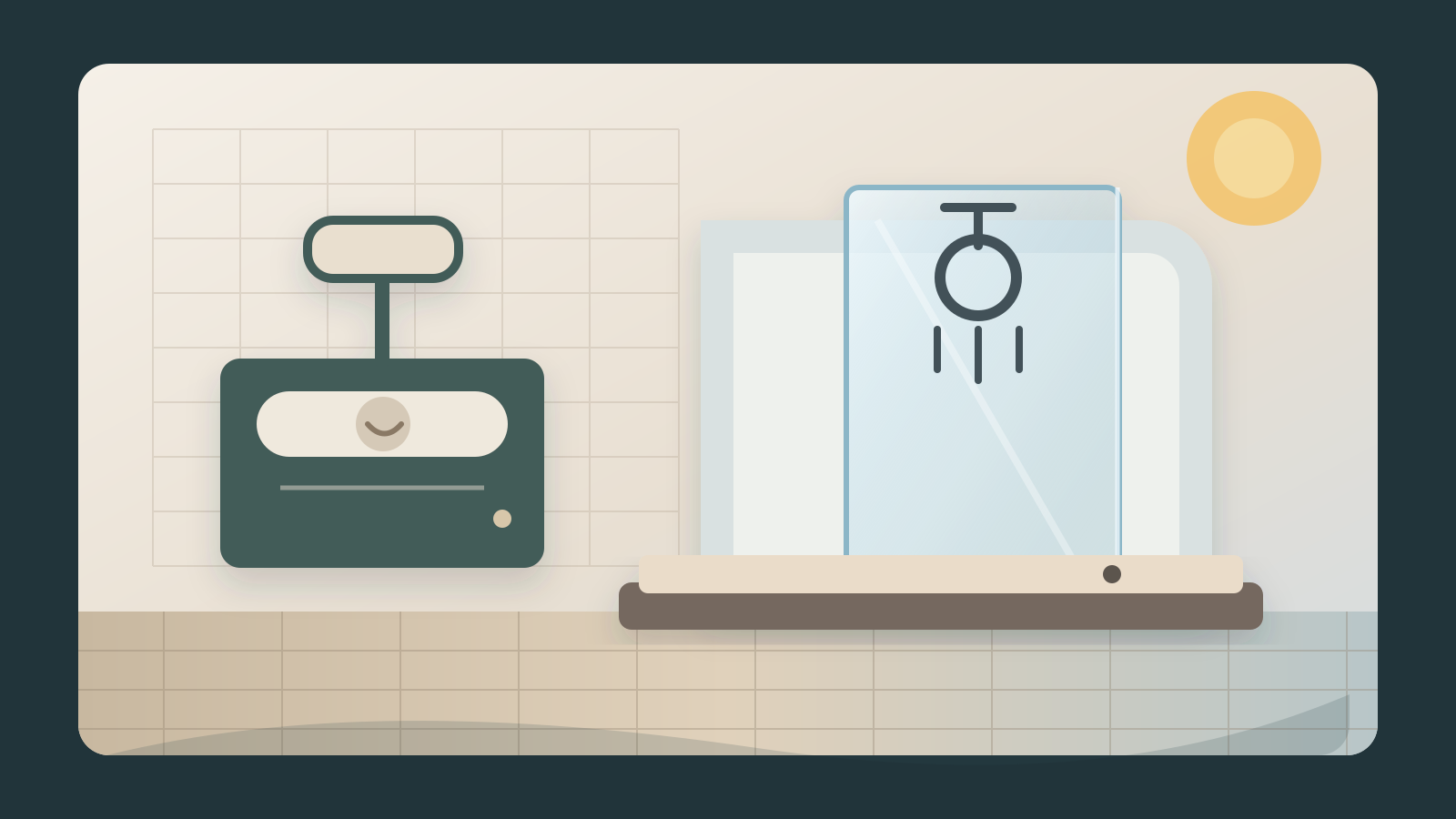An illustration of a calm bathroom with a low-profile walk-in shower, glass screen, vanity and warm wall tiles