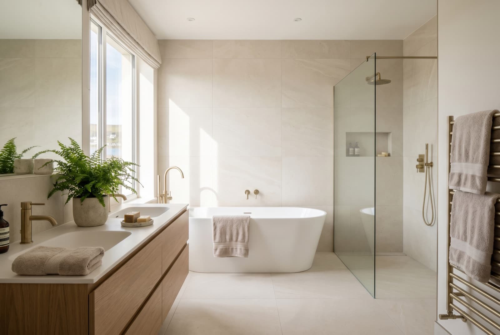 A finished family bathroom with twin basins, a walk-in shower and a double-ended bath.