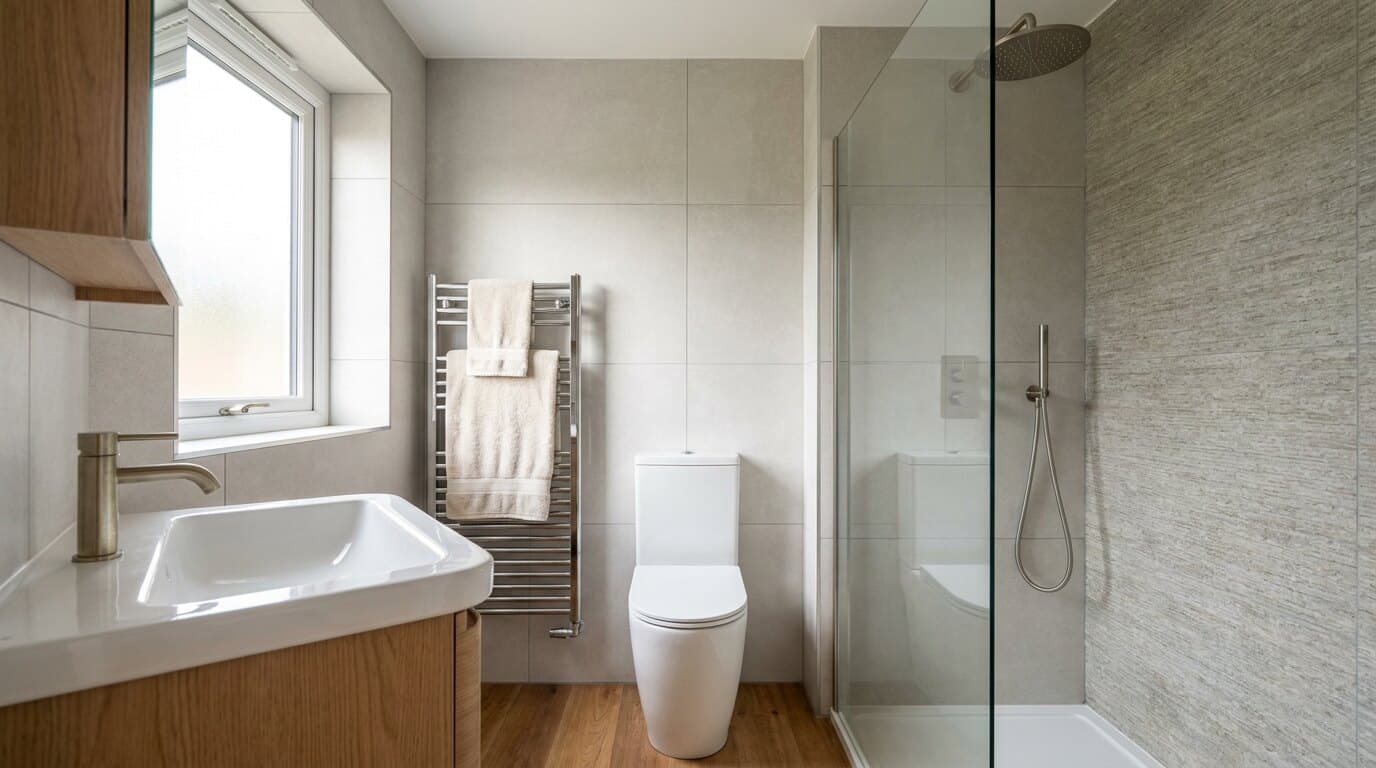 An illustrative finished mid-range bathroom with neutral tiling and modern fittings.