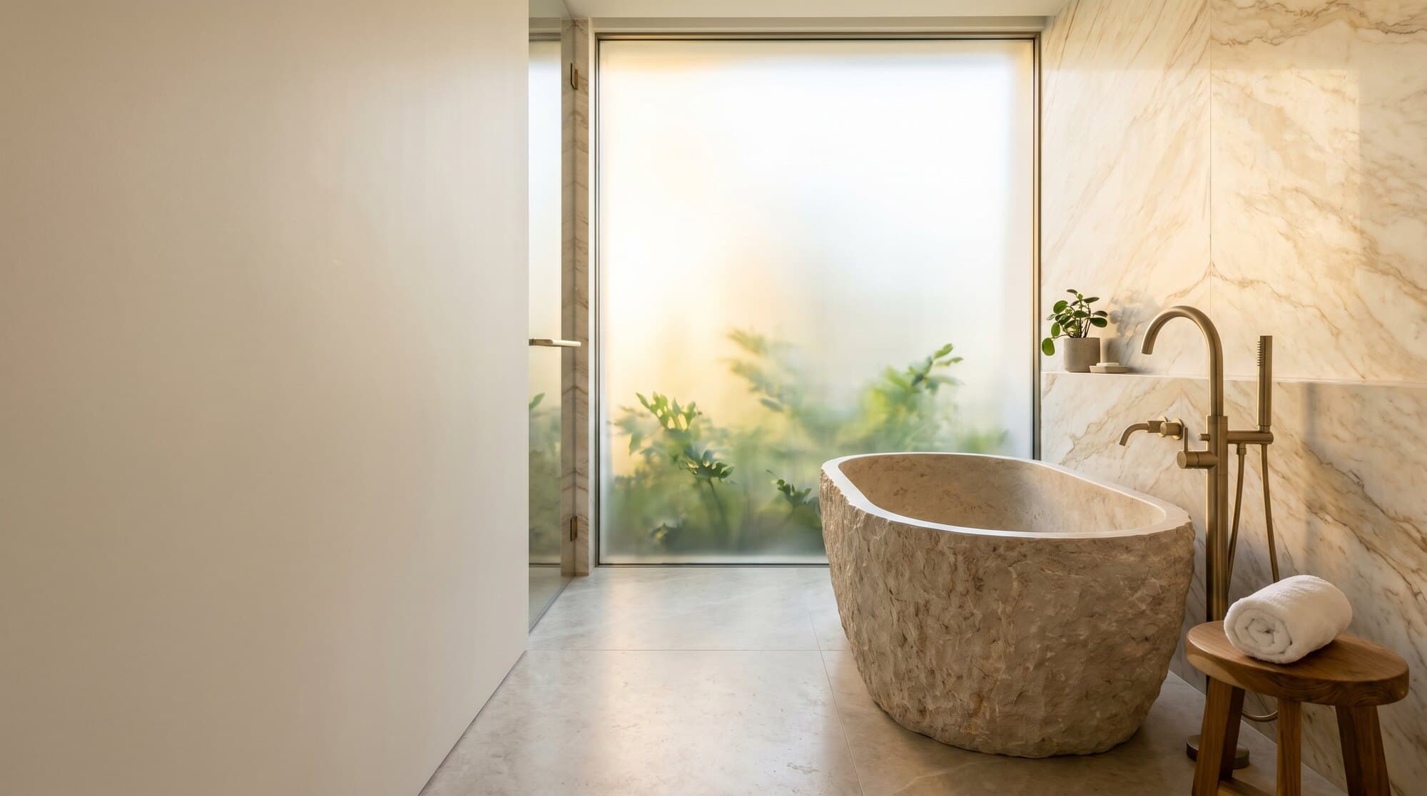 A finished luxury bathroom with a stone freestanding bath, marble walls and a softly lit frosted window.