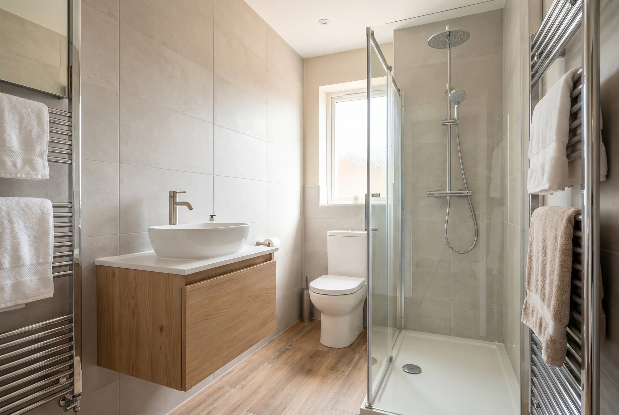 A mid-range family bathroom with an upgraded vanity and thermostatic shower.