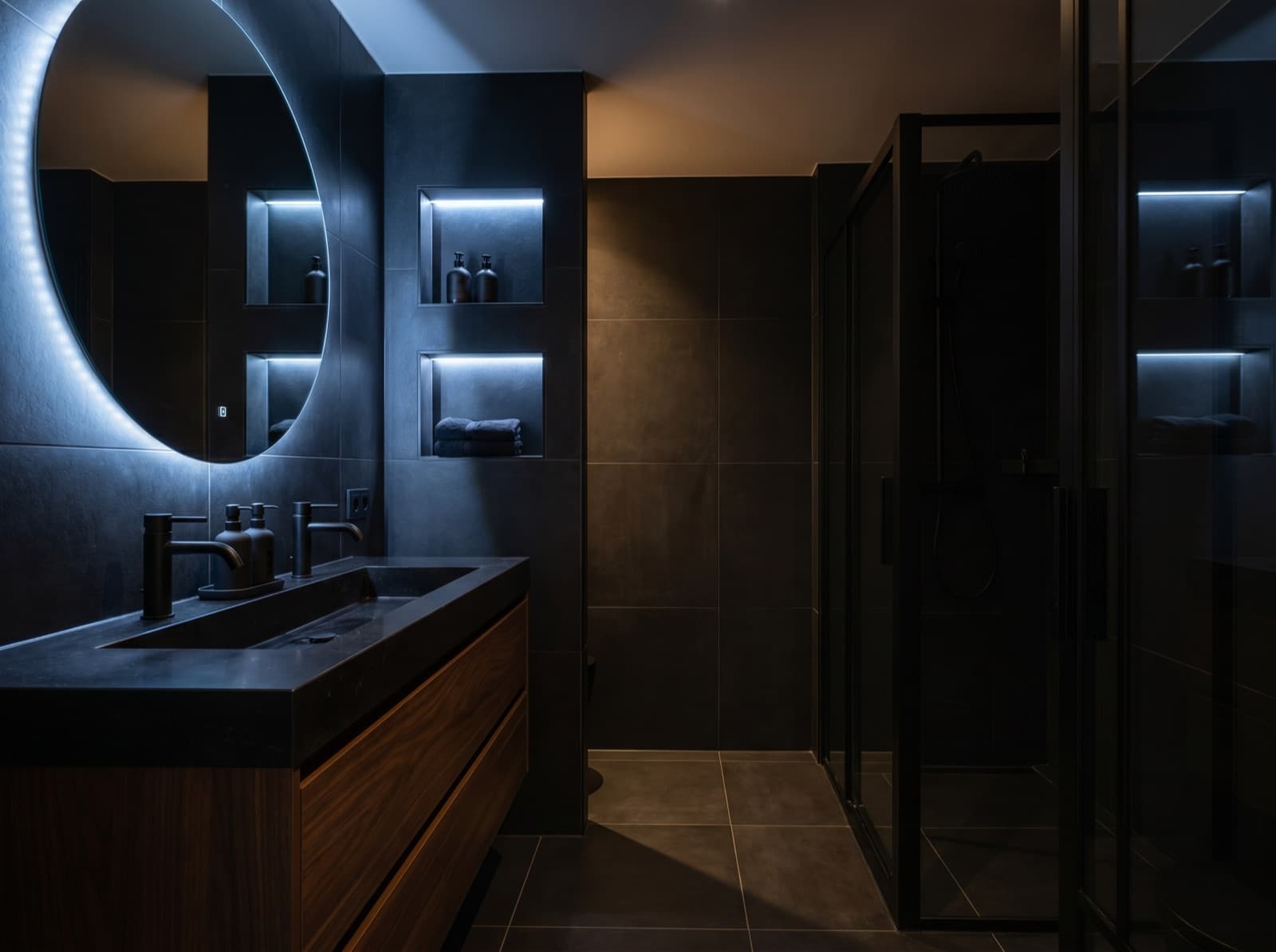 Dark & moody bathroom — a finished example of the dark & moody look.