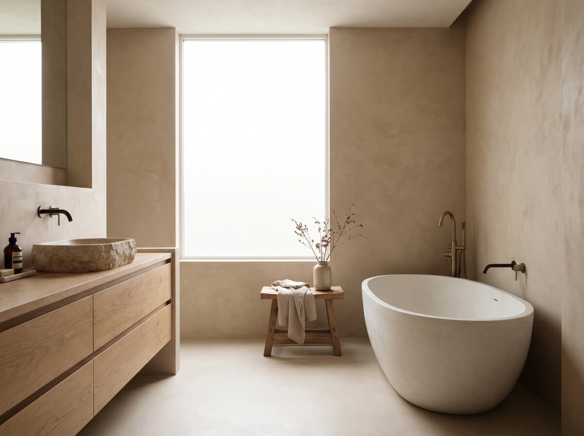 Japandi bathroom — a finished example of the japandi look.