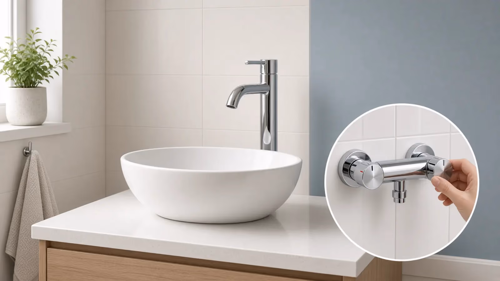 Illustration: a basin with a tall mixer tap and a wall-mounted bath mixer, with an inset close-up of a thermostatic shower valve