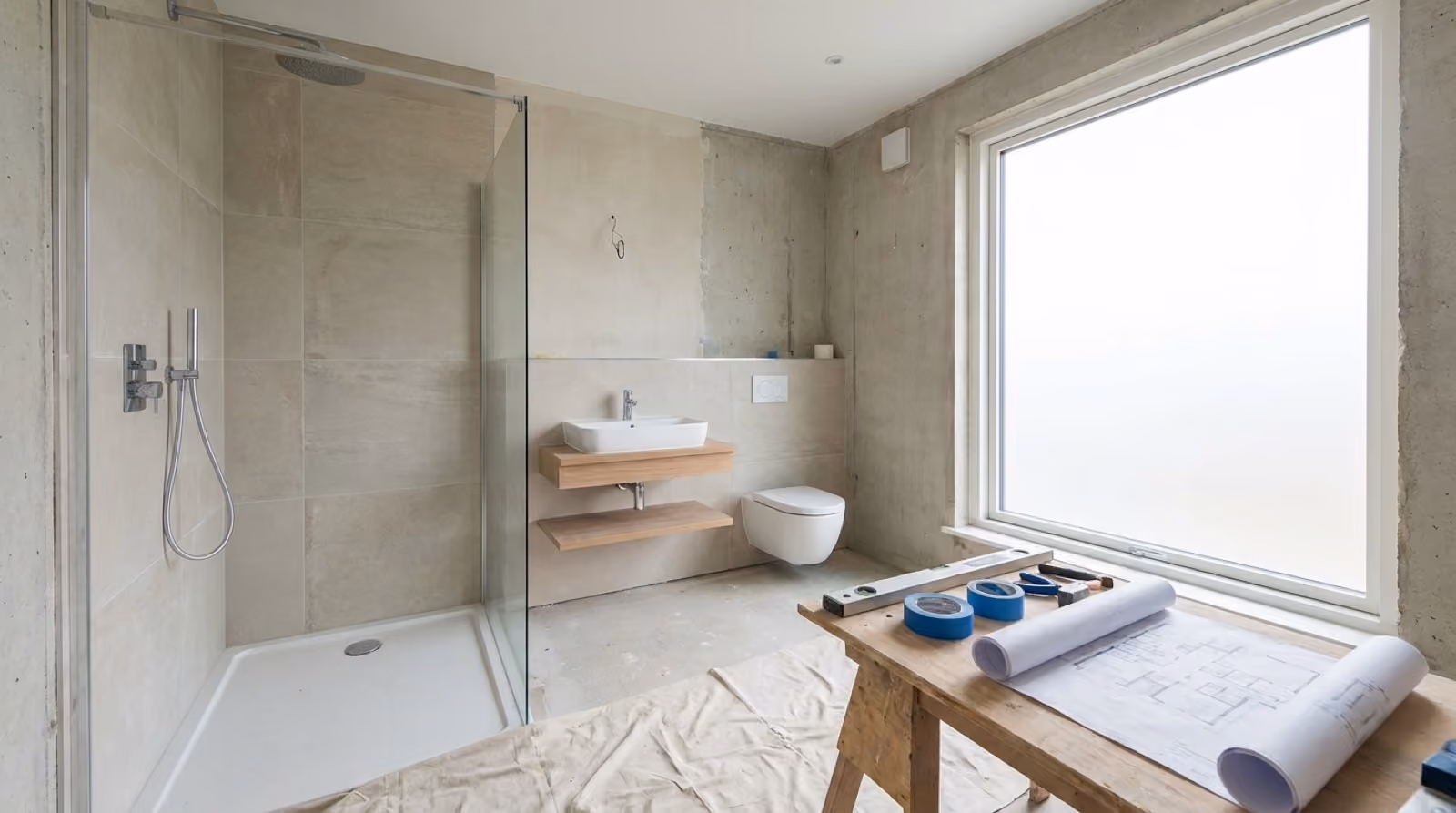 Illustration: a calm, well-planned bathroom with a walk-in shower, wall-hung basin and clear floor space between fittings