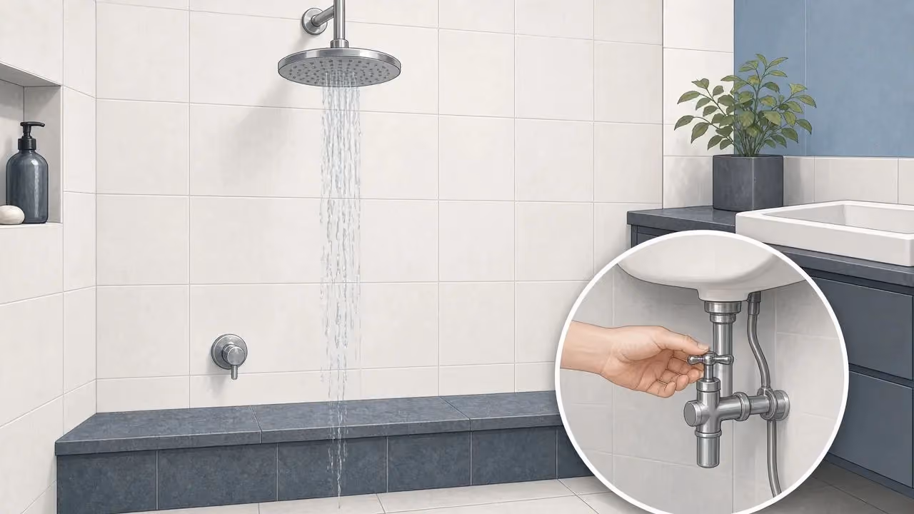 Illustration: a weak shower spraying thinly over a tray, with an inset of a hand turning an internal stop tap under a kitchen sink