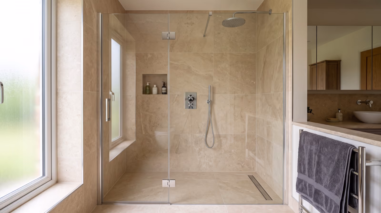 Illustration: a clean, modern shower area with a low tray, glass screen and wall-mounted controls