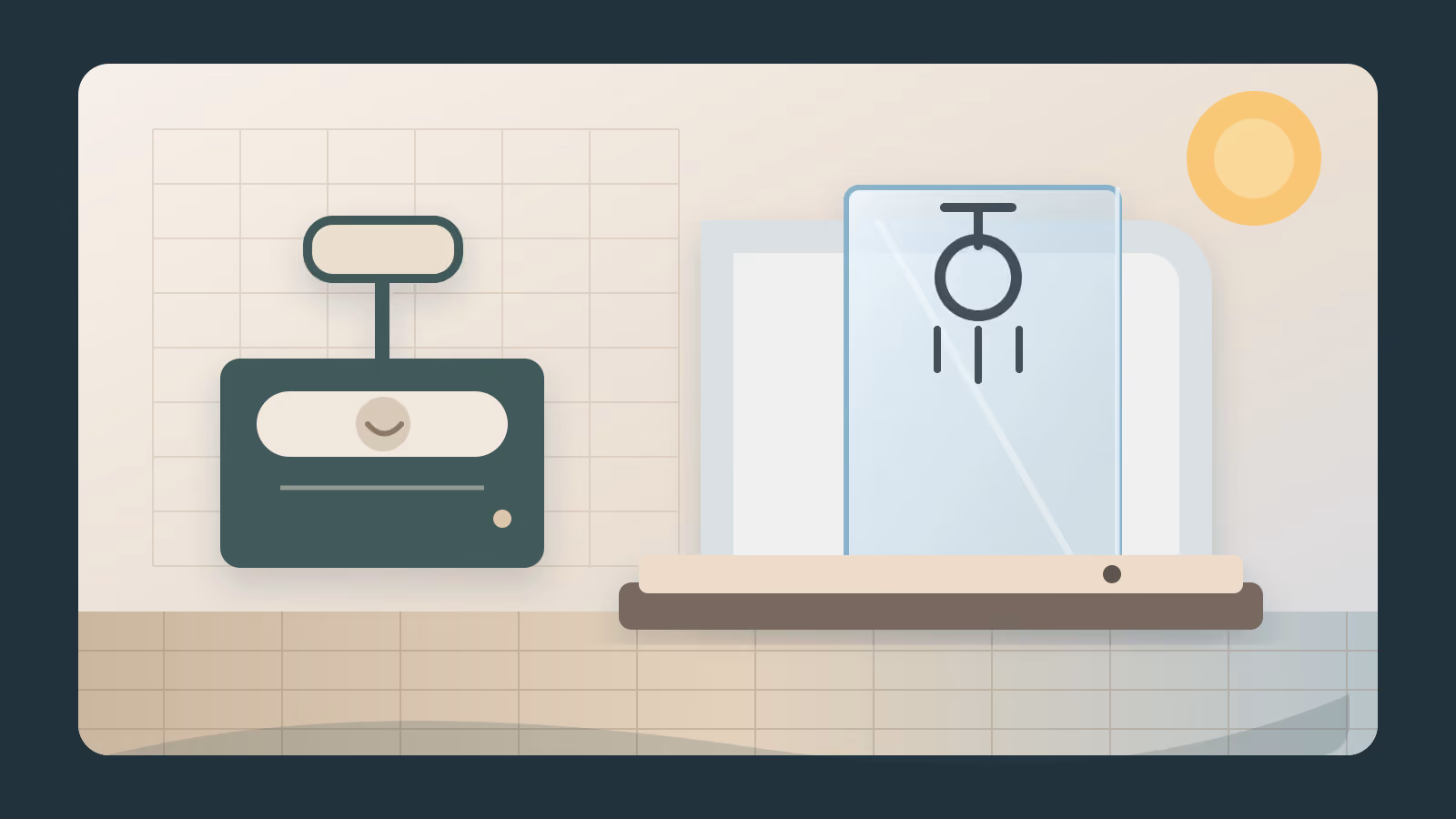 Illustration: a calm bathroom with a low-profile walk-in shower, glass screen, vanity and warm wall tiles
