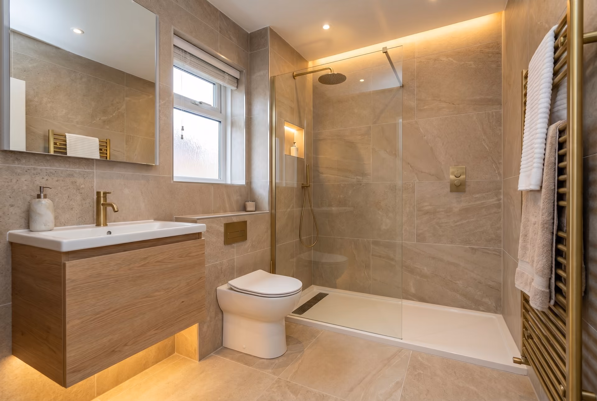 The same room remodelled with warm oak and natural stone.