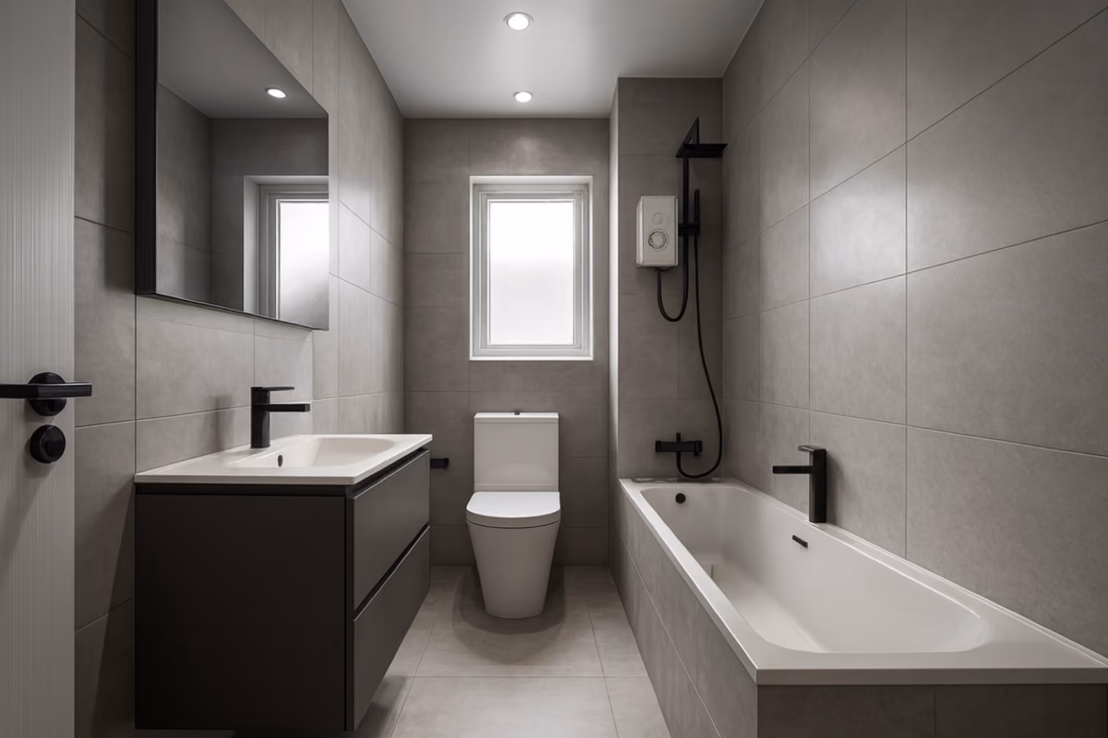 The same room transformed into a sleek modern shower room with large-format grey tiles and matte-black fittings.
