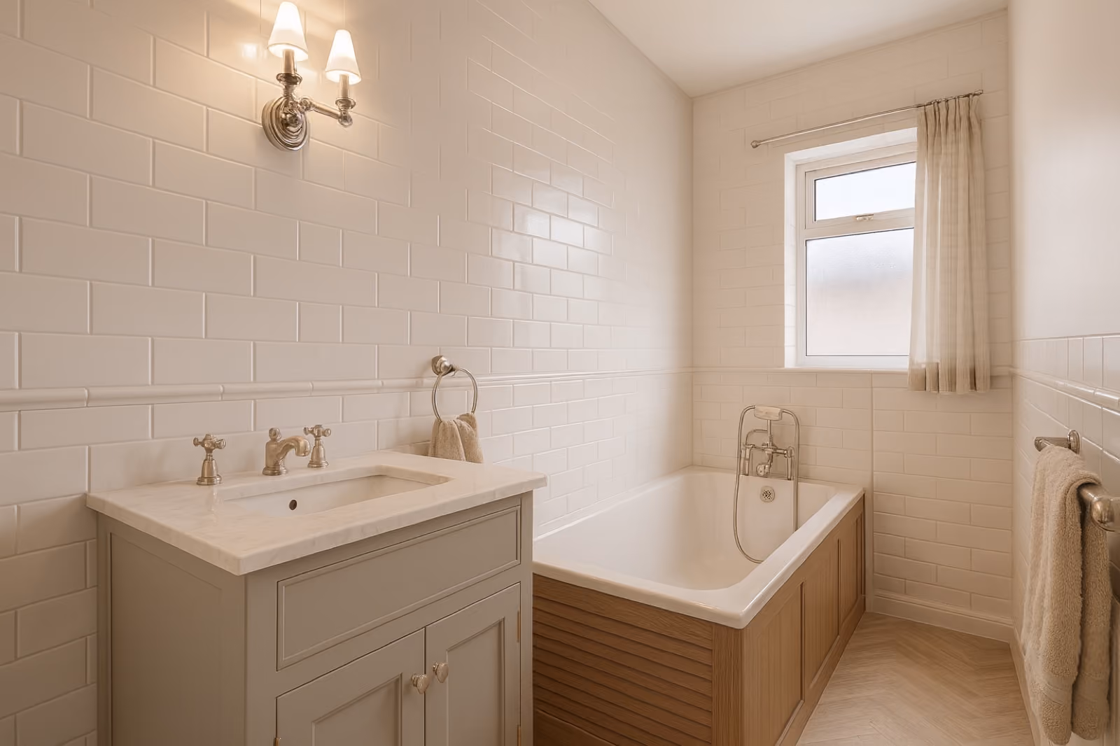 The same room refreshed into a fresh classic white bathroom with metro tiles and a traditional vanity.