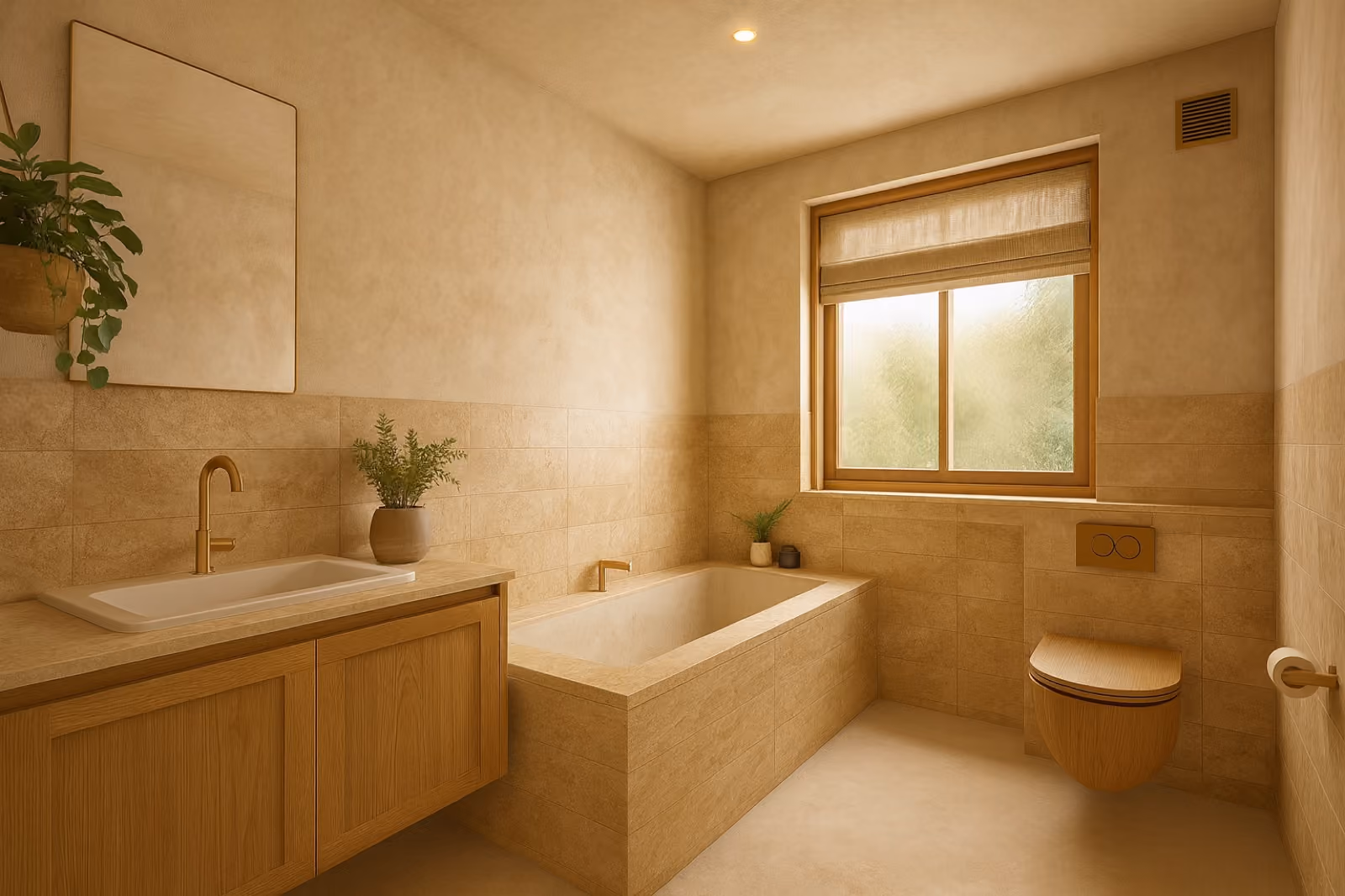 The same room remodelled into a warm natural bathroom with travertine, oak and brushed brass.