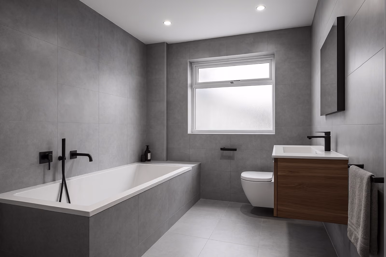 The same room transformed into a sleek modern bathroom.