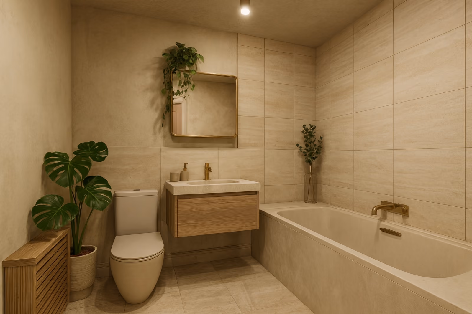 The same room remodelled with warm natural stone and oak.