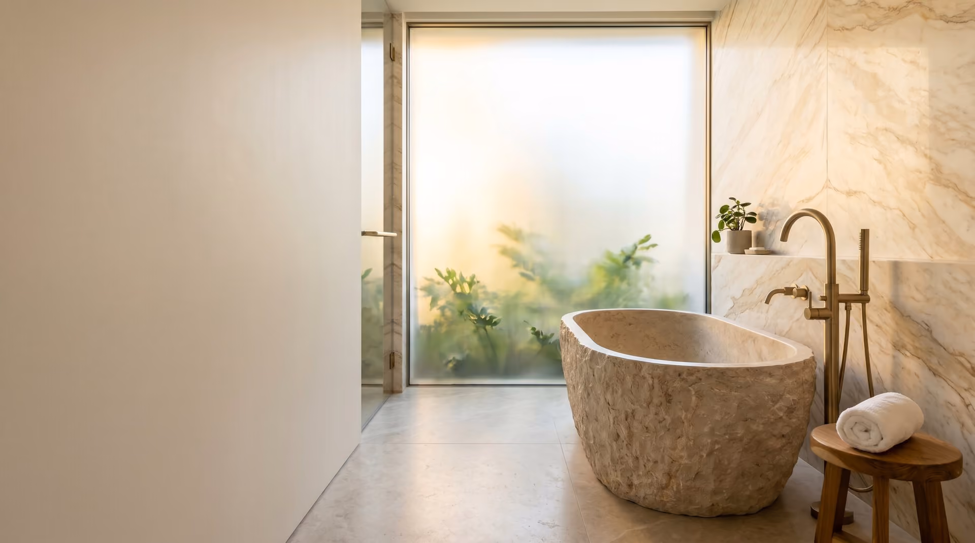 A finished luxury bathroom with a stone freestanding bath, marble walls and a softly lit frosted window.