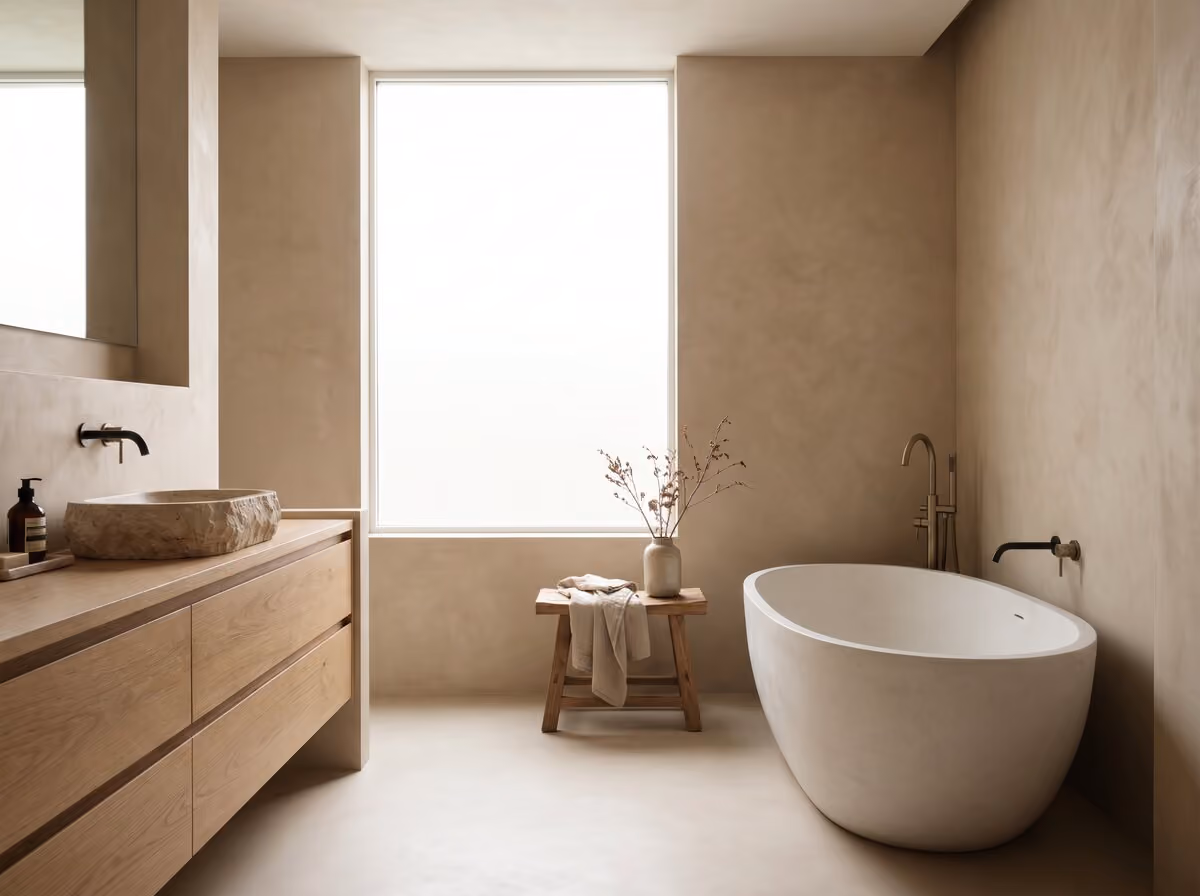 Japandi bathroom — a finished example of the japandi look.