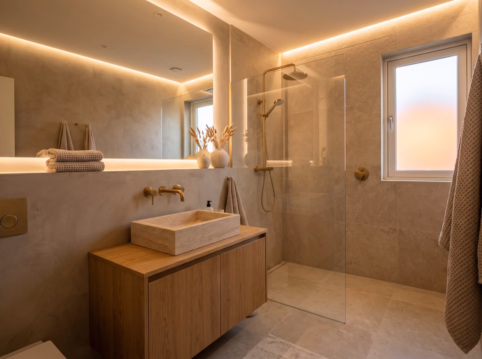 Warm neutral bathroom — a finished example of the warm neutral look.